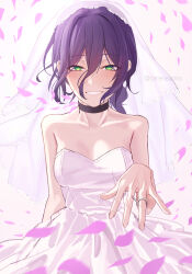 1girl absurdres black_choker breasts bridal_veil chainsaw_man choker dress green_eyes grenade_pin grin hair_between_eyes highres jewelry looking_at_viewer medium_breasts medium_hair pink_petals purple_hair reze_(chainsaw_man) ring see-through_clothes see-through_veil smile solo tare_negima veil wedding_dress white_dress