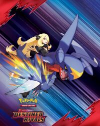 1girl :o black_coat black_collar black_pants black_shoes blonde_hair coat collar commentary cynthia_(pokemon) floating_hair fur-trimmed_coat fur_collar fur_trim game_freak garchomp gen_4_pokemon hair_ornament hair_over_one_eye highres long_hair long_sleeves looking_at_viewer nintendo official_art open_mouth outstretched_arm pants pokemon pokemon_(creature) pokemon_dppt pokemon_tcg shoes