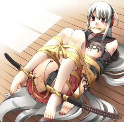 1girl artist_request barefoot bdsm blood blush bondage bound card headphones long_hair short_hair spreader_bar sukone_tei sword toes utau vocaloid weapon