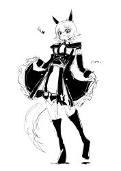 1girl absurdres animal_ears artist_name bare_shoulders breasts clothes_lift curren_chan_(umamusume) dress dress_lift ear_covers heart highres horse_ears horse_girl horse_tail md5_mismatch off-shoulder_dress off_shoulder ringring_(artist) signature simple_background solo tail umamusume upper_body white_background