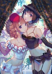 6+girls adjusting_clothes adjusting_headwear black_hair blonde_hair blunt_bangs brown_hair campaign_hat cowboy_shot curtains detached_sleeves drill_hair garrison_cap garter_straps hat highres long_hair midriff multiple_girls navel nishimura_eri off-shoulder_leotard original panties parted_lips pink_lips purple_hair purple_nails short_hair side_drill smile strapless thighhighs tube_top underwear