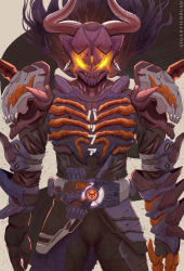 1boy absurdres adapted_costume animal_skull armor artist_name belt buffalo character_name commentary cropped_legs desire_driver rider_belt english_commentary floating_hair giganticbrush glowing glowing_eyes highres horns kamen_rider kamen_rider_buffa kamen_rider_geats_(series) long_hair looking_at_viewer male_focus shoulder_armor skull solo spikes stylistic tokusatsu upper_body x_x yellow_eyes zombie_buckle