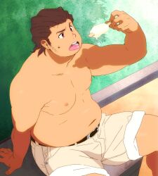 Rule 34 | 1boy, ano hi mita hana no namae wo bokutachi wa mada shiranai., belly, brown pants, commentary request, facing to the side, fat, fat man, food, hisakawa tetsudou, holding, holding food, holding popsicle, kira nerisu, looking at food, male focus, melting popsicle, navel, nipples, pants, pectorals, popsicle, sitting, sweatdrop, swept bangs, tongue, tongue out, topless male