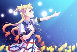 1girl audience blonde_hair breasts concert curly_hair from_side hair_ornament hairpin hand_on_own_chest harukaze_soyogu highres idol_clothes light_particles long_hair multicolored_hair open_mouth outstretched_arm plaid_clothes plaid_skirt reaching red_eyes red_hair seibu_rio shine_post shirt skirt solo sparkle sweat two_side_up very_long_hair white_shirt