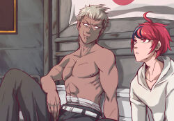 2boys abs ahoge black_hair closed_mouth collarbone dark-skinned_male dark_skin male_focus messy_hair multicolored_hair multiple_boys muscular muscular_male nipples red_eyes red_hair scar scar_on_face sitting sumino_takumi the_hundred_line_-last_defense_academy- topless_male white_hair yakushiji_takemaru