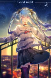 1girl amemiya_darumi black_bow black_hair black_skirt blue_hair bow collar ear_piercing heart looking_at_viewer moon multicolored_hair night night_sky piercing pink_eyes pink_thighhighs pleated_skirt railing red_bow red_collar safety_pin shirt skirt sky solo striped_clothes striped_shirt sunset the_hundred_line_-last_defense_academy- thighhighs twintails