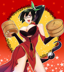 1girl arc_system_works bad_id bad_pixiv_id bare_shoulders black_bra black_hair black_panties blazblue bra breasts chinese_clothes cleavage cleavage_cutout clothing_cutout female_focus glasses huge_breasts lao_jiu litchi_faye_ling long_hair one_eye_closed panda panties ponytail purple_eyes solo susu_(susuhako) underwear very_long_hair wink