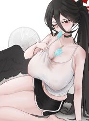 1girl absurdres alternate_costume arm_support between_breasts black_choker black_hair black_shorts black_wings blue_archive blush breasts camisole choker cleavage collarbone covered_erect_nipples dolphin_shorts electric_fan feathered_wings food food_in_mouth furrowed_brow hair_between_eyes halo hasumi_(blue_archive) highres huge_breasts i3eancurd long_hair long_hair_between_eyes looking_at_viewer low_wings melting_popsicle mole mole_under_eye navel one_eye_closed oversized_wings ponytail popsicle popsicle_in_mouth red_eyes red_halo shorts sitting solo strap_pull thighs very_long_hair white_background white_camisole wings yokozuwari