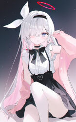 1girl absurdres alternate_costume black_bow black_choker black_hairband black_skirt blue_archive blush bow braid choker grey_eyes hair_over_one_eye hair_ribbon hairband high-waist_skirt highres jacket long_hair looking_at_viewer off_shoulder open_mouth pink_jacket plana_(blue_archive) ribbon shirt sidelocks single_braid skirt sleeveless sleeveless_shirt solo usagi_(786113654) white_hair white_ribbon white_shirt