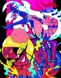2girls absurdres bracelet breasts cleavage cosplay frye_(splatoon) highres inkling jewelry kneesocks_(psg) kneesocks_(psg)_(cosplay) large_breasts multiple_girls nintendo octoling panty_&amp;_stocking_with_garterbelt parody scanty_(psg) scanty_(psg)_(cosplay) sharp_teeth shiver_(splatoon) smile sorenjj spiked_bracelet spikes splatoon_(series) teeth tentacle_hair undressing