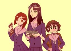 Rule 34 | 3girls, absurdres, asakusa midori, backpack, bag, black-framed eyewear, black eyes, black hair, blazer, blue neckerchief, book, brown eyes, brown hair, buttons, commentary, eizouken ni wa te wo dasu na!, english commentary, eyewear on head, freckles, glasses, green background, highres, hime cut, holding, holding book, jacket, kanamori sayaka, lerimar, long hair, looking at viewer, mizusaki tsubame, multiple girls, neckerchief, open mouth, pleated skirt, purple jacket, purple skirt, shirt, short hair, simple background, skirt, smile, upper body, v-shaped eyebrows, white shirt