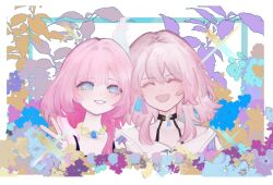 2girls :d ^_^ black_choker blue_eyes bra_strap chinese_commentary choker closed_eyes commentary_request cyrene_(honkai:_star_rail) grin honkai:_star_rail honkai_(series) jewelry looking_at_viewer march_7th_(honkai:_star_rail) multiple_girls necklace open_mouth pink_hair pink_pupils portrait shengliyanshui shirt short_hair smile white_shirt