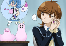 2girls absurdres alternate_form antenna_hair black_jacket blazer blue_angel_(yu-gi-oh!) blue_background blue_dress blue_eyes blue_hair blue_necktie blue_scrunchie blue_wrist_cuffs blush breath brown_eyes brown_hair chair commentary detached_wings dress dress_shirt duel_monster facing_to_the_side hands_on_own_hips hands_up heart heart_ear_ornament heart_in_eye highres indoors jacket light_smile looking_at_object looking_to_the_side marshmallon meta monster multiple_girls musical_note muto_dt necktie on_chair open_clothes open_jacket pinching school_uniform scrunchie shirt sitting slime_(creature) smile speech_bubble spoken_musical_note star_(symbol) sweater_vest symbol_in_eye table thought_bubble turning_head twintails white_shirt white_wings wings wooden_table wrist_cuffs yellow_sweater_vest yu-gi-oh! yu-gi-oh!_vrains zaizen_aoi