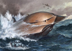 absurdres aircraft airplane grabro gundam highres luggun mecha mobile_suit_gundam no_humans ocean robot water youkoumori z&#039;gok
