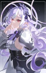 1girl absurdres ascot bow bowtie center_frills elf frills gem hairband highres long_hair mole mole_under_eye pointy_ears purple_ascot purple_bow purple_bowtie purple_gemstone purple_hair purple_hairband red_eyes sayume50 shrug_(clothing) smile upper_body vivian_banshee white_shrug zenless_zone_zero