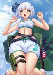 Rule 34 | + +, 1girl, alternate costume, bag, belt, bikini, black hairband, blue eyes, blue sky, cloud, flower, ghost, grey hair, hairband, highres, konpaku youmu, konpaku youmu (ghost), konpaku youmu (sunny dual-wielder), long sleeves, looking at viewer, open mouth, outdoors, short hair, shounen (hogehoge), sky, solo, swimsuit, teeth, thigh strap, touhou, touhou lostword, upper teeth only, variant set, white bikini, white footwear