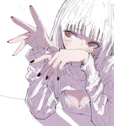 1girl albino black_nails breasts cleavage cleavage_cutout clothing_cutout looking_to_the_side medium_hair original red_eyes rhinth sketch small_breasts solo sweater upper_body white_hair