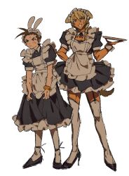 2boys :d ace_attorney alternate_costume animal_ears antenna_hair apollo_justice:_ace_attorney apron black_shoes blonde_hair blue_eyes blush bracelet brown_hair buttons collared_dress crossdressing dark-skinned_male dark_skin detached_collar dog_ears dog_tail dress drill_hair frilled_apron frills full_body gold_bracelet grgrton hair_between_eyes high_heels highres holding holding_plate jewelry long_hair maid maid_apron maid_headdress male_focus multiple_boys open_mouth plate puffy_dress puffy_short_sleeves puffy_sleeves rabbit_ears shoes short_dress short_hair short_sleeves side_drill simple_background sketch smile stiletto_heels sweat tail trap white_background white_wrist_cuffs wrist_cuffs