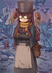 1girl ammonite animal apron bag beach belt_buckle black-framed_eyewear black_hat black_jacket black_skirt blue_shirt breasts brown_hair buckle closed_mouth crossed_arms dinosaur fate/grand_order fate_(series) feet_out_of_frame frown game_cg glasses glowing glowing_eyes green_shawl grey_apron hat jacket lightning long_hair long_sidelocks long_sleeves looking_at_viewer mary_anning_(fate) mary_anning_(third_ascension)_(fate) medium_breasts medium_skirt mittens monster neck_ribbon ocean official_art open_clothes open_jacket overcast pickaxe rectangular_eyewear red_ribbon ribbon riyo_(lyomsnpmp) scarf shirt shoulder_bag sidelocks skirt sky sleeve_cuffs solo splashing storm third-party_source top_hat variant_set waist_apron yellow_eyes yellow_mittens yellow_scarf