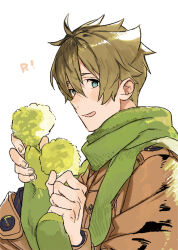 1boy ahoge blonde_hair blue_eyes brown_coat coat commentary_request green_scarf hair_between_eyes hat holding holding_unworn_clothes holding_unworn_hat idolmaster idolmaster_side-m kashiwagi_tsubasa male_focus nana_tetra open_mouth scarf short_hair simple_background solo unworn_hat unworn_headwear upper_body white_background