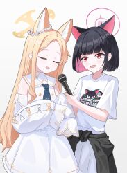 2girls :d absurdres animal_ear_fluff animal_ears animal_print bare_shoulders black_hair blonde_hair blue_archive blunt_bangs blunt_ends bob_cut bow buttons cat_ears cat_girl cat_print chinese_commentary closed_eyes colored_inner_hair commentary cowboy_shot cross_halo detached_sleeves double-breasted dress extra_ears flower_wreath forehead fox_ears fox_girl halo hands_up head_wreath highres holding holding_microphone kazusa_(band)_(blue_archive) kazusa_(blue_archive) light_blush long_hair looking_at_another microphone mixian multicolored_hair multiple_girls official_alternate_costume open_mouth parted_bangs pink_hair pink_halo print_shirt red_eyes sailor_collar school_uniform seia_(blue_archive) serafuku shirt short_hair short_sleeves simple_background sleeve_bow sleeveless sleeveless_dress sleeves_past_fingers sleeves_past_wrists smile straight_hair t-shirt very_long_hair white_background white_bow white_dress white_sailor_collar white_shirt wide_sleeves yellow_bow yellow_halo