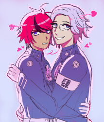 2boys ahoge aotsuki_eito armband arrow_(projectile) black_hair blue_background blue_eyes glasses gradient_background grin hair_between_eyes heart hug last_defense_academy_school_uniform male_focus messy_hair multicolored_eyes multicolored_hair multiple_boys open_mouth pink_background red_eyes red_hair simple_background smile sumino_takumi teeth the_hundred_line_-last_defense_academy- upper_body white_hair yaoi