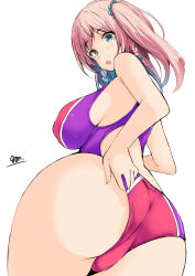 1girl absurdres adjusting_clothes adjusting_swimsuit ass blue_eyes braid breasts commentary_request commission competition_swimsuit cowboy_shot from_below gengoroh highres large_breasts long_hair looking_back one-piece_swimsuit open_mouth original pink_hair pixiv_commission signature simple_background solo swimsuit white_background
