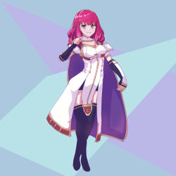 1girl armor black_skirt black_thighhighs breastplate cape celica_(fire_emblem) choker dabuman dress fingerless_gloves fire_emblem fire_emblem_echoes:_shadows_of_valentia fire_emblem_engage gloves long_hair nintendo princess purple_eyes red_hair skirt thighhighs tiara white_armor white_dress