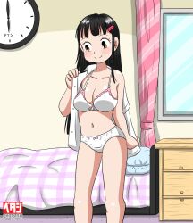1girl absurdres bed bedroom black_hair blush bow bow_bra bow_panties bra breasts brown_eyes chest_of_drawers cleavage clock collarbone curtains hair_ornament hairclip highres lace lace-trimmed_bra lace_trim long_hair looking_down marup medium_breasts navel original panties pillow pink_bow removing_shirt saki-chan_(marup) shirt short_sleeves smile standing underwear white_bra white_panties white_shirt window