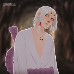 Rule 34 | 1boy, artist name, closed mouth, commentary, facial mark, forehead mark, green eyes, hair bobbles, hair ornament, highres, kaguya kimimaro, lips, looking at viewer, makeup, male focus, naruto (classic), naruto (series), open clothes, pale skin, rope belt, solo, steampunkskulls, upper body, white hair