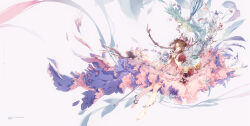 1girl absurdres aerith_gainsborough anklet barefoot bird blush bracelet braid braided_ponytail breasts brown_hair commentary_request cropped_jacket dress final_fantasy final_fantasy_vii flamenco_dress flower full_body green_eyes hair_ribbon highres jacket jewelry kieta long_dress long_hair medium_breasts own_hands_together parted_bangs pink_dress pink_ribbon red_jacket ribbon sidelocks solo very_long_hair white_background