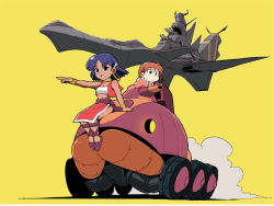 1990s_(style) 2girls dark-skinned_female dark_skin earrings fushigi_no_umi_no_nadia gratan_(nadia) hoop_earrings jewelry kubocha kubota marie_en_carlsberg military military_vehicle motor_vehicle multiple_girls nadia_la_arwall nautilus open_mouth pointing retro_artstyle simple_background smile tank vehicle yellow_background
