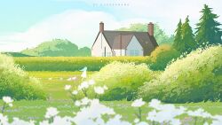 1girl artist_name bird blue_sky blurry bush cloud day depth_of_field dress field flower flower_field grass house huhv. nature original outdoors scenery sky solo tree white_dress white_flower window