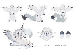 animal_hands antennae blue_eyes blue_tongue colored_tongue creature creature_focus dated dg_jia feathered_wings full_body highres lying multiple_views no_humans on_stomach original pawpads reference_sheet simple_background solo straight-on talons whiskers white_fur wings