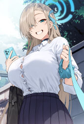 Rule 34 | 1girl, absurdres, asuna (blue archive), asuna (school uniform) (blue archive), asymmetrical bangs, bag, black choker, blonde hair, blue archive, blue bow, blue bowtie, blue eyes, blue halo, blue nails, blue ribbon, blue scrunchie, blush, bow, bowtie, breasts, brown hair, button gap, cellphone, choker, cowboy shot, hair over one eye, hair ribbon, halo, highres, holding, holding leash, holding phone, huge breasts, leash, long hair, looking at viewer, mole, mole on breast, phone, pleated skirt, pov, ribbon, school bag, school uniform, scrunchie, shirt, shunichi, skirt, smartphone, smile, solo, very long hair, viewer on leash, white shirt, wrist scrunchie