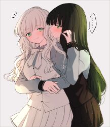 ... 2girls amane_(7783) black_skirt black_vest bow bowtie closed_mouth commentary_request green_eyes green_hair grey_background grey_shirt highres hug hug_from_behind light_particles long_hair long_sleeves multiple_girls original pleated_skirt shade shirt sidelocks simple_background skirt spoken_ellipsis translation_request vest white_bow white_bowtie white_hair white_skirt white_vest yuri