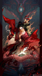 1boy abs absurdres bamboo_slips bandaged_arm bandages black_hair black_hanfu blood blood_on_arm blood_on_body blood_on_chest blood_on_clothes blood_on_face blood_on_hands blood_on_neck blood_splatter bloodshot_eyes bloody_bandages bloody_weapon burning chinese_clothes chinese_commentary coat coin coin_mask collarbone colored_smoke covered_mouth dao_gui_yi_xian deep_wound embers fighting_stance fire floating_clothes floating_hair guro hair_bun hair_ribbon half_updo hanfu heart_(organ) highres holding_heart_(organ) holed_coin injury li_huowang long_hair long_sleeves looking_at_viewer male_focus mask mouth_veil one_eye_closed open_clothes open_coat open_hand open_robe pectorals red_coat red_eyes red_ribbon ribbon robe scroll shi_da_da_da_da_ti single_hair_bun smoke solo torn_clothes veil watermark weapon weibo_watermark
