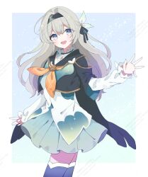 Rule 34 | 1girl, aqua dress, aqua thighhighs, black hairband, black jacket, blush, cropped jacket, dress, firefly (honkai: star rail), gradient eyes, green pupils, grey hair, hair between eyes, hair intakes, hair ornament, hair ribbon, hairband, highres, honkai: star rail, honkai (series), jacket, kanaria (mint tea1256), long hair, multicolored eyes, neckerchief, open mouth, orange neckerchief, ribbon, smile, solo, thighhighs, twitter username, two-tone eyes, watermark, waving, waving arm