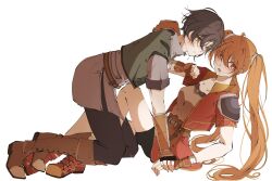 Rule 34 | 1boy, 1girl, ahoge, armor, bike shorts, black hair, blush, boots, brown gloves, brown hair, cropped jacket, double-parted bangs, eiyuu densetsu, estelle bright, fingerless gloves, full body, gloves, hair between eyes, highres, holding hands, joshua bright, long hair, looking at viewer, pants, pauldrons, red eyes, shoes, short hair, short sleeves, shorts, shoulder armor, simple background, single pauldron, sneakers, sora no kiseki, twintails, white background, yellow eyes, yurari forever