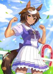 1girl ahoge animal_ears blue_bow bow brown_hair clenched_hands erenshu falling_leaves highres horse_ears horse_girl horse_tail leaf multicolored_hair pleated_skirt purple_shirt sailor_collar school_uniform second-party_source shirt short_hair skirt smile solo star_(symbol) star_in_eye streaked_hair symbol_in_eye tail thighhighs tomoe_umari tracen_school_uniform two-tone_shirt umamusume white_hair white_sailor_collar white_shirt white_skirt white_thighhighs yellow_eyes zettai_ryouiki