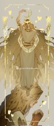 1boy absurdly_long_hair androgynous arm_up barefoot blonde_hair bug butterfly circlet closed_eyes closed_mouth dress elden_ring elden_ring:_shadow_of_the_erdtree extra_arms from_side gold gold_belt gold_trim golden_cross_(elden_ring) gravitydusty hair_over_eyes highres insect long_hair miquella_(elden_ring) multiple_views praying signature simple_background smile very_long_hair wavy_hair white_dress