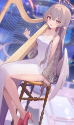 1girl ainy alternate_costume angel_wings blue_archive blush breasts brown_eyes chair cleavage dress hair_between_eyes halo harp high_heels highres instrument light_brown_hair long_hair medium_breasts nagisa_(blue_archive) open_mouth pink_halo red_footwear sitting smile solo twitter_username white_dress white_wings wings