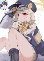 1girl aoba_(blue_archive) armband black_bow black_hat black_jacket blue_archive bow brown_eyes brown_shirt collared_shirt halo hat holding holding_wrench jacket knees_up loli long_hair long_sleeves mishima_hiroji orange_halo red_eyes shirt sitting solo thighs wrench yellow_armband yellow_bow