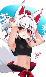 Rule 34 | 1girl, :o, absurdres, animal ears, armpits, black shirt, blush, bow, breasts, commentary request, crop top, hair intakes, hat, highres, inubashiri momiji, looking at viewer, looking to the side, midriff, navel, open mouth, pokopoko ponzu, pom pom (clothes), red bow, red eyes, red hat, shirt, short hair, sleeveless, sleeveless shirt, small breasts, solo, sweat, tail, tokin hat, touhou, tying hair, upper body, white background, white hair, wolf ears, wolf girl, wolf tail