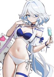 1girl aamoooon_e blue_eyes blue_hair breasts cowboy_shot furina_(genshin_impact) genshin_impact multicolored_hair navel simple_background solo swimsuit two-tone_hair white_background white_hair
