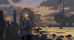 1boy 2girls 5others black_pants blue_sweater buoy closed_mouth cloud cloudy_sky commentary_request cowboy_shot expressionless floating_clothes floating_hair fluffy_hair grey_hair highres holding holding_tablet_pc hood hooded_sweater jitome lighthouse long_hair long_sleeves looking_at_screen multiple_girls multiple_others oil_rig orange_sky original outdoors pants people plaid_clothes plaid_scarf rock scarf scenery shore sky solo_focus sunset sweater tablet_pc thigh_strap walking water winter winter_clothes yellow_eyes yellow_scarf yume_(user_kjuv7837)