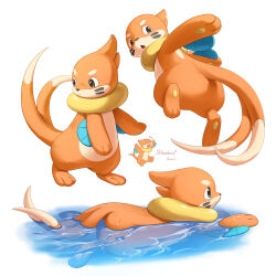 :o absurdres brown_eyes buizel closed_mouth commentary_request gen_4_pokemon highres hoishere7 looking_back multiple_views nintendo no_humans notice_lines open_mouth pokemon pokemon_(creature) pokemon_focus swimming twitter_username water white_background