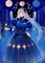 1girl absurdly_long_hair antlers argyle black_bow black_bowtie black_hairband blue_background blue_cape blue_capelet blue_dress blue_eyes bow bowtie brooch buttons cape capelet closed_mouth collared_capelet commission constellation_print corset deviantart_username dress english_text extra_ears frilled_capelet frilled_wristband frills gold_trim hair_bow hairband highres horns hoshi-pan jewelry layered_dress long_dress long_hair looking_at_hand making-of_available moon multicolored_eyes night original outstretched_hand planet puffy_short_sleeves puffy_sleeves short_sleeves smile sparkle star_(sky) star_(symbol) star_brooch star_print two-tone_eyes very_long_hair waist_bow white_hair wrist_bow yellow_eyes