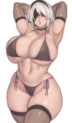 1girl absurdres alternate_breast_size areola_slip armpits arms_behind_back arms_behind_head arrow_(symbol) barcode barcode_tattoo bikini black_bikini black_hairband blindfold breast_tattoo breasts brown_eyes cameltoe cleavage commentary curvy elbow_gloves english_commentary eyeshadow gloves grey_gloves grey_legwear hair_over_one_eye hairband highres huge_breasts kelvin_hiu large_areolae lingerie lips looking_at_viewer makeup mole mole_under_mouth navel nier_(series) nier:automata see-through_clothes see-through_legwear short_hair silver_hair simple_background sitting solo spaghetti_strap spread_legs strap_gap swimsuit tattoo thick_thighs thighs unaligned_breasts underboob underwear wide_hips 2b_(nier:automata)