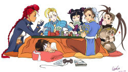 1990s_(style) 6+girls ahoge alternate_costume black_hair blonde_hair blush_stickers braid cammy_white capcom card china_dress chinese_clothes chun-li controller crimson_viper cross cross_earrings dark_skin dark-skinned_female dated don_(street_fighter) double_bun dress drill_hair earrings eyewear_on_head game_console game_controller gamepad gloves gtolin_chang halterneck halterneck han_juri highres huge_ahoge ibuki_(street_fighter) jewelry kasugano_sakura kotatsu leotard lipstick makeup multiple_girls ninja no_headwear no_headwear pantyhose pelvic_curtain playing_card playing_games playstation_2 pompadour purple_eyes red_hair ribbed_leotard scar single_braid sitting sleeping smile street_fighter street_fighter_iv_(series) street_fighter_zero_(series) sunglasses table tanuki twin_braids twin_drills